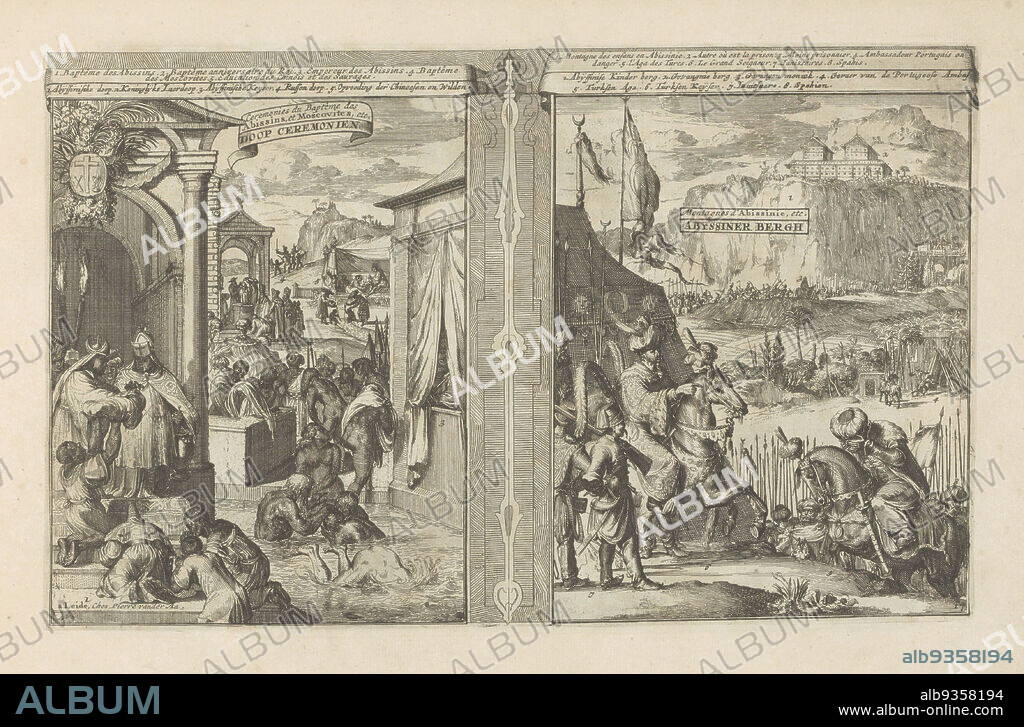 Baptismal ceremonies; Mountain of Abyssinia, Baptismal Ceremonies, Ceremonies du Baptême des Abissins, et Moscovites, etc, Abyssiner Bergh, Montagnes d'Abissinie, etc (title on object), Les Indes Orientales et Occidentales et autres lieux (series title), Representation in two parts. On the left, some baptismal ceremonies in Abyssinia (Ethiopia) and Russia. The baptism of the Abyssinians takes place under the church door with blessed water. The Abyssinians renew their baptism every year on Three Kings. On the right image the children's mountain and prison mountain in Abyssinia. Apart from the heir to the throne, all royal children and close blood relatives, had to live in this mountain. In the foreground the Turkish Sultan on horseback. A Turkish Agha, also on horseback, slaps her hands in front of her eyes. Next to the sultan a Janissary. With a legend in Dutch and French. The print is part of an album., print maker: Romeyn de Hooghe, publisher: Pieter van der Aa (I) (mentioned on object), Leiden, 1682 - 1733, paper, etching, height 212 mm × width 339 mm.