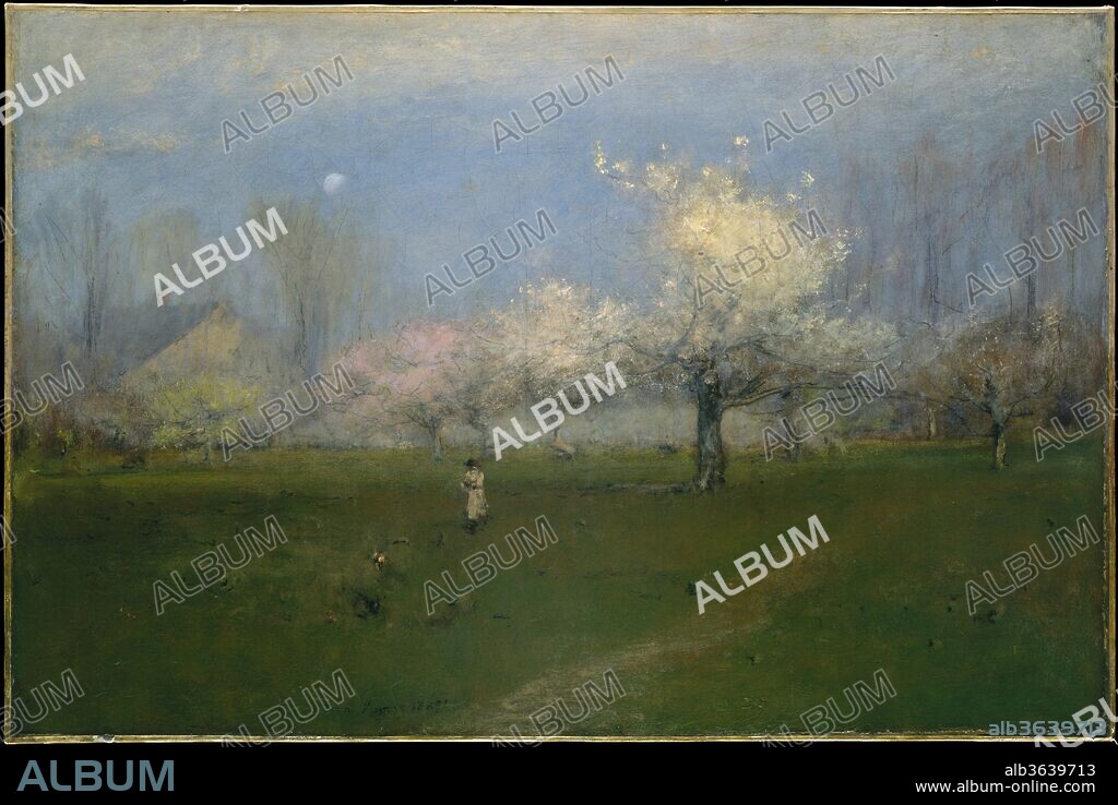 Spring Blossoms, Montclair, New Jersey. Artist: George Inness (American, Newburgh, New York 1825-1894 Bridge of Allan, Scotland). Dimensions: 29 x 45 1/4 in. (73.7 x 114.9 cm). Date: ca. 1891.
George Inness, who began his career painting in the Hudson River School mode, embraced a variety of styles throughout his long career. Exposure to the work of French Barbizon artists as well as to the pantheistic philosophy of Swedish scientist and theologian Emanuel Swedenborg led him to develop a more personal approach to painting. Inness's later landscapes, such as this work, grew increasingly expressive and atmospheric. By the 1880s, a younger generation of European-trained artists--whose work was informed by the French Barbizon and Impressionist painters as well as by the Aestheticism of James McNeill Whistler--celebrated Inness as an American Original.
