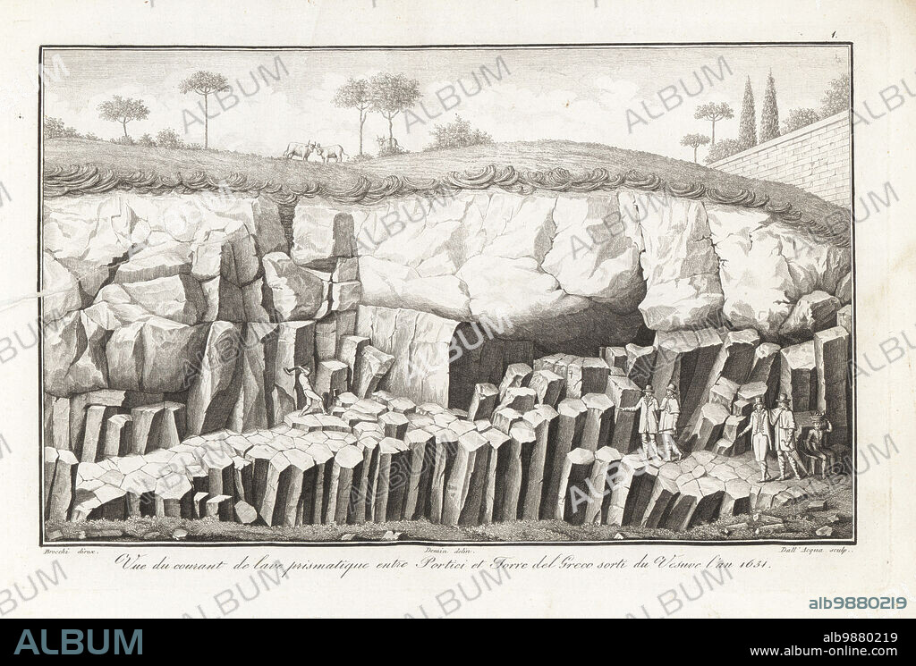 Gentlemen geologists and artist on Mount Vesuvius in 1812. Prismatic basalt columns formed in the lava flow from a volcanic eruption in 1631. A stone mason hews the basalt for use as paving stones in Naples. As pictured by architect Giovanni De Min for Giambattista Brocchi between Portici and Torre del Greco. Vue du courant de lave prismatique entre Portici et Torre del Greco sorti du Vesuve l'an 1634. Copperplate engraving by Giuseppe Dall'Acqua from Scipion Breislaks Traite sur la Structure Exterieure du Globe, Treatise on the Exterior Structure of the Globe, Jean-Pierre Giegler, Milan, 1822.