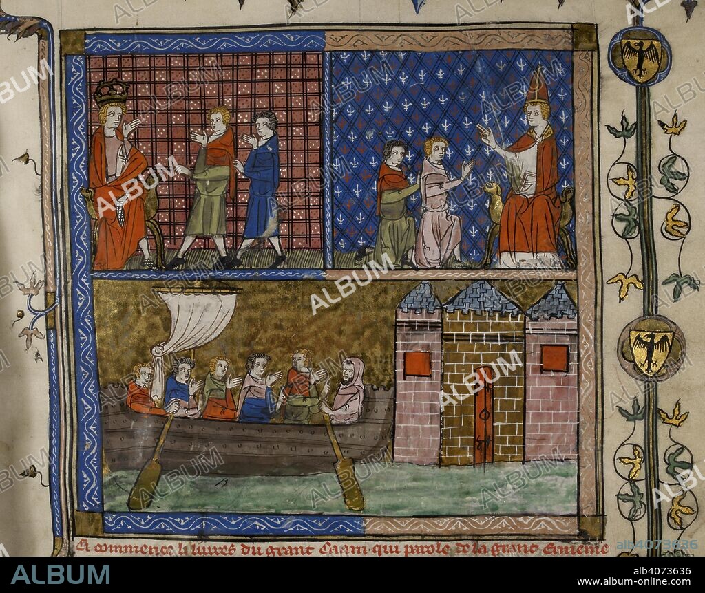 The Emperor Baldwin and the brothers, Nicholas and Maffeo Polo; the Patriarch blesses them; they sail for the Black Sea. Li Livres du Grant Caam, or Travels of Marco Polo. France; after 1333. Source: Royal 19 D. I, f.58. Language: French.