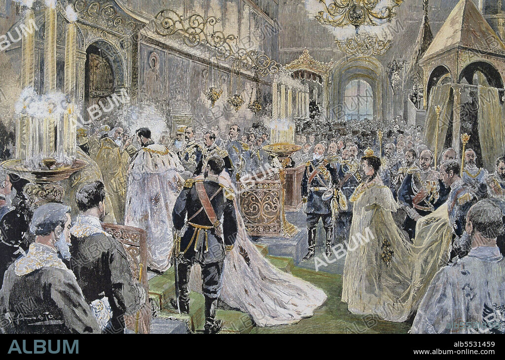 NICOLAS II. ZAR DE RUSIA . 1868 - 1918. CORONACION DEL ZAR EN LA CATEDRAL DE LA ASUNCION EN MOSCU,1896. GRABADO COLOREADO. ILUSTRACION ESPAÑOLA Y AMERICANA.