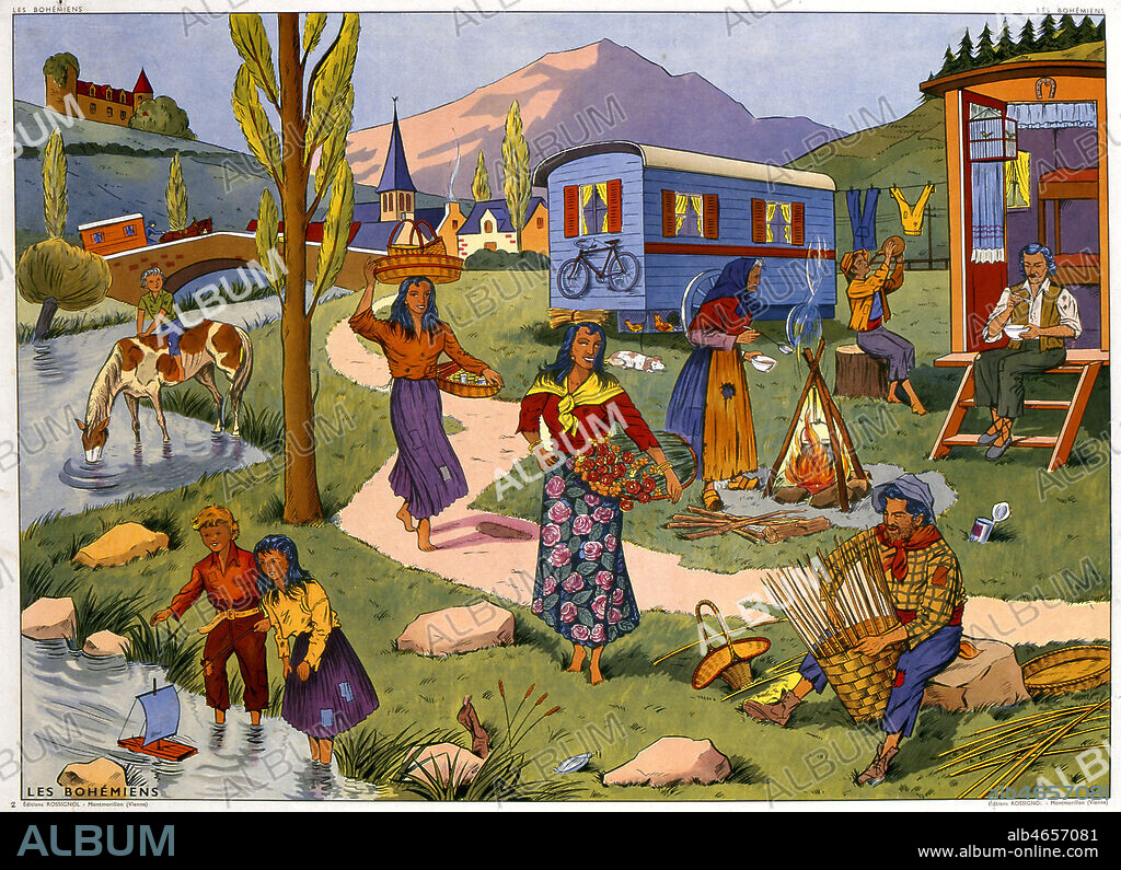 Representation d'un camp de bohemiens. Panneau scolaire des editions Rossignol de 1958. Credit : Imagerie Rossignol/KHARBINE-TAPABOR.