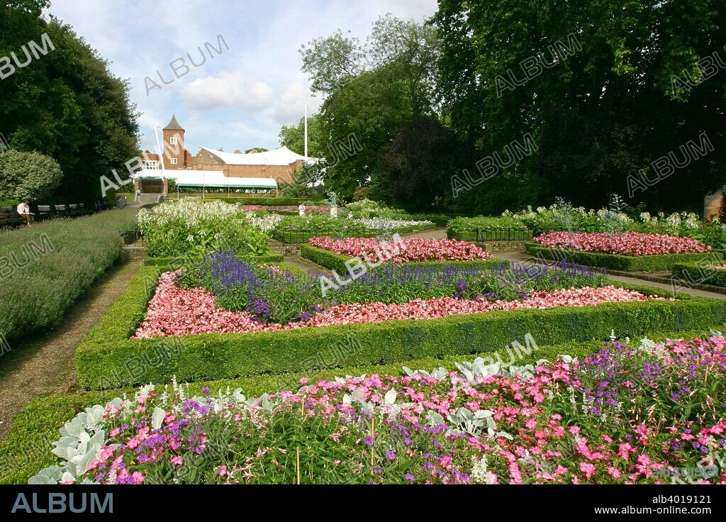 Dutch Garden and the remains of Holland House, Holland Park, London. Holland Park is situated in the London Borough of Kensington and Chelsea.