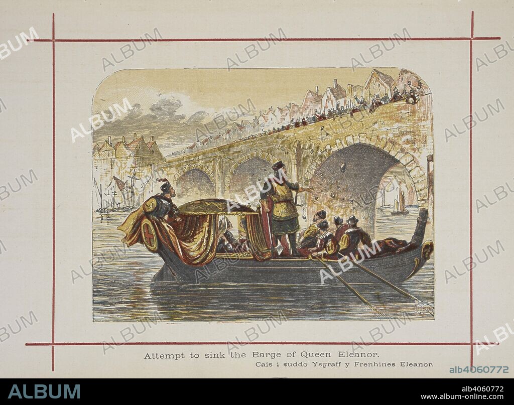 HENRY TYRRELL. Attempt to sink the barge of Queen Eleanor. Attempt to sink the barge of Eleanor, queen of Henry III, at London bridge. A History of England for the Young. London ; New York : London Printing & Publishing Co., [1872, 73]. Source: 9504.ff.7 vol.1 plate opp.83.