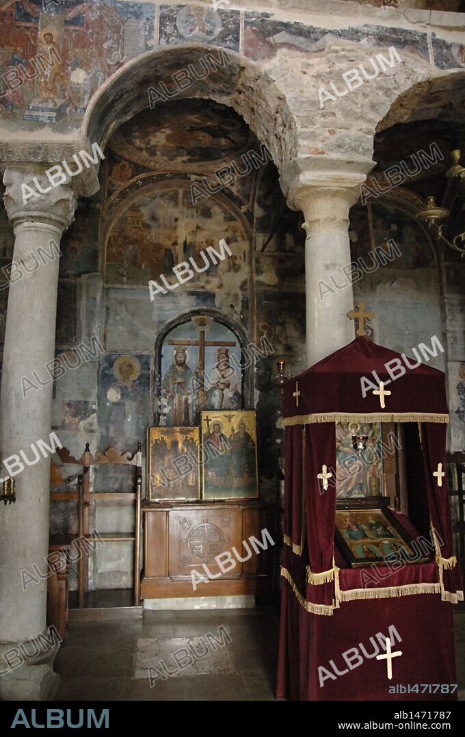 Greece. Mystras. The Monastery of Our Lady Panagia Pantanassa (Queen of all). A women's convent founded in the 15th century (1428 AD) by John Phrangopoulos. On the upper floor the wall paintings date from the mid-15th century. Inside.