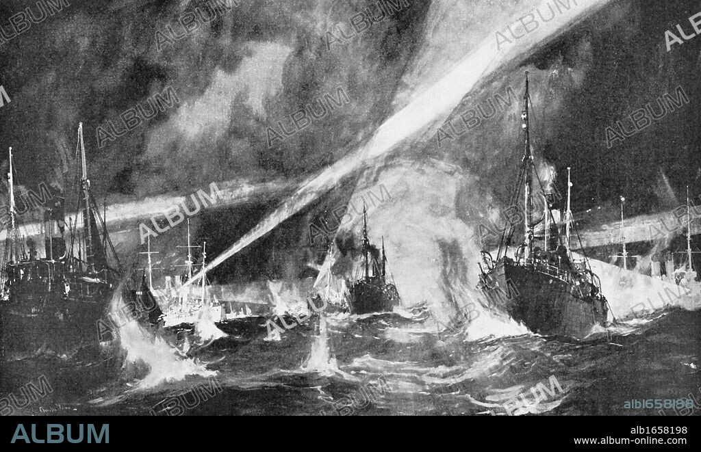 Russo-Japanese War 1904-1905: The Dogger Bank Incident. Russian Baltic  squadron firing on the Gamecock fishing fleet off the Dogger Bank. - Album  alb1658198