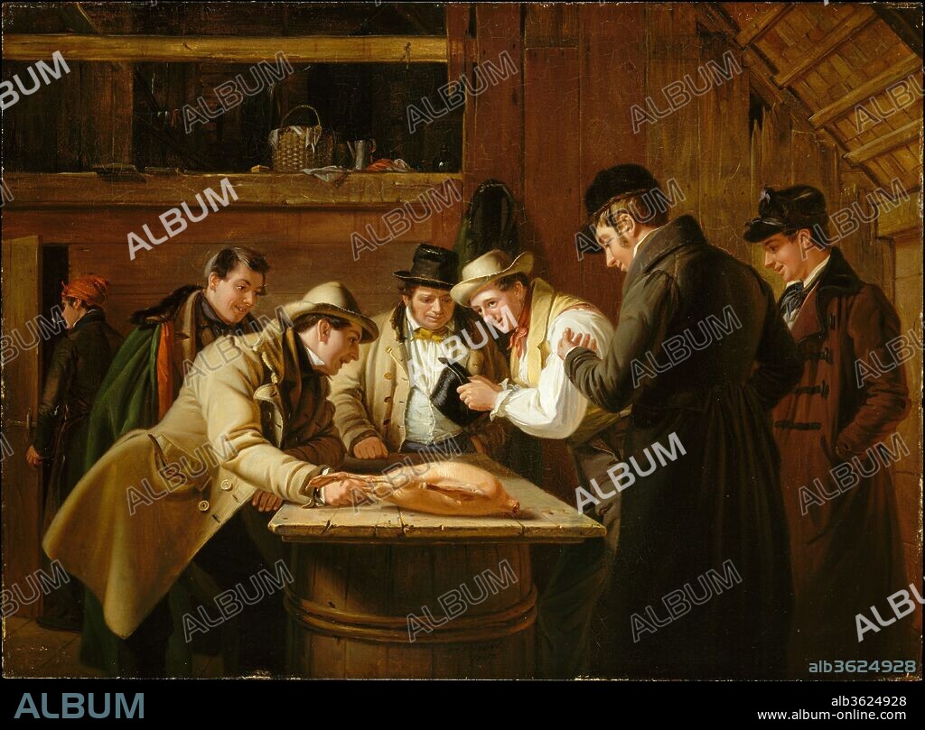 The Raffle (Raffling for the Goose). Artist: William Sidney Mount (American, Setauket, New York 1807-1868 Setauket, New York). Dimensions: 17 x 23 1/8 in. (43.2 x 58.7 cm). Date: 1837.
America's most successful painter of narrative scenes, Mount chose as his subjects various aspects of rural life in the flat Long Island landscape around Stony Brook, New York, where he lived. He managed to transcend the manifest content of his pictures to address the social and political realities of the time. "The Raffle (Raffling for the Goose)," showing an impromptu lottery, was Mount's good-humored allusion to the food shortages brought on by the financial panic of 1837.
