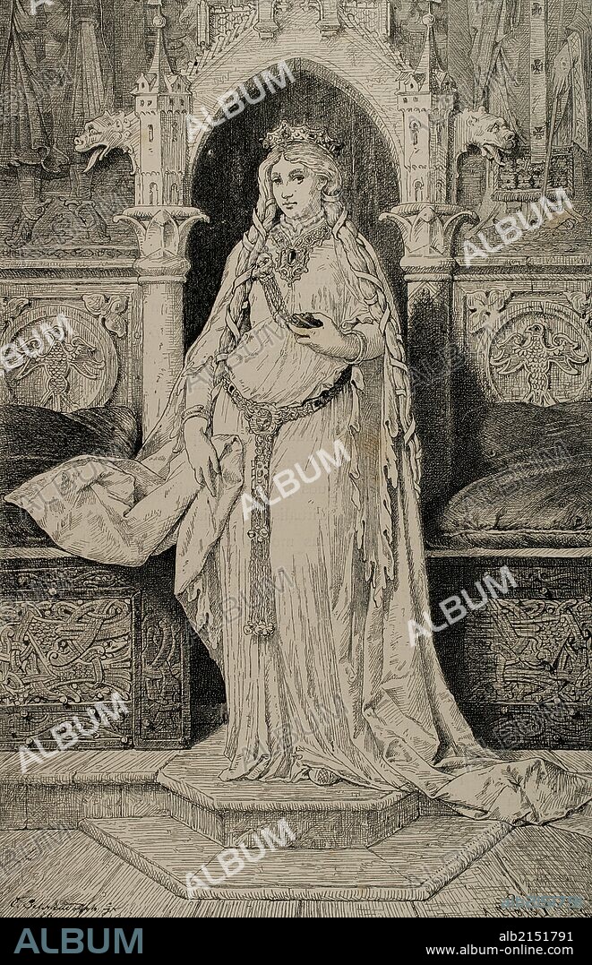 ADOLF CLOSS. Princesa irlandesa ISOLDA. Personaje de una leyenda del ciclo arturiano. Conocida también como "La blonda". Grabado por A. Closs. "Germania", año 1882.