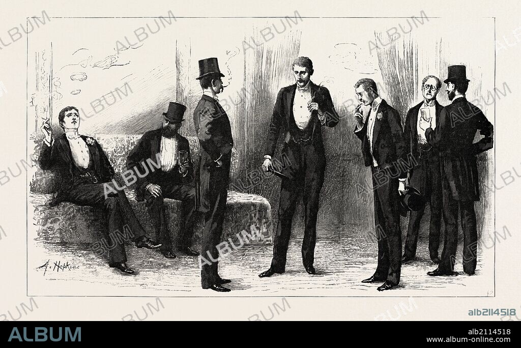 A PEEP INTO THE SMOKING ROOM AT THE THEATRE, engraving 1890.