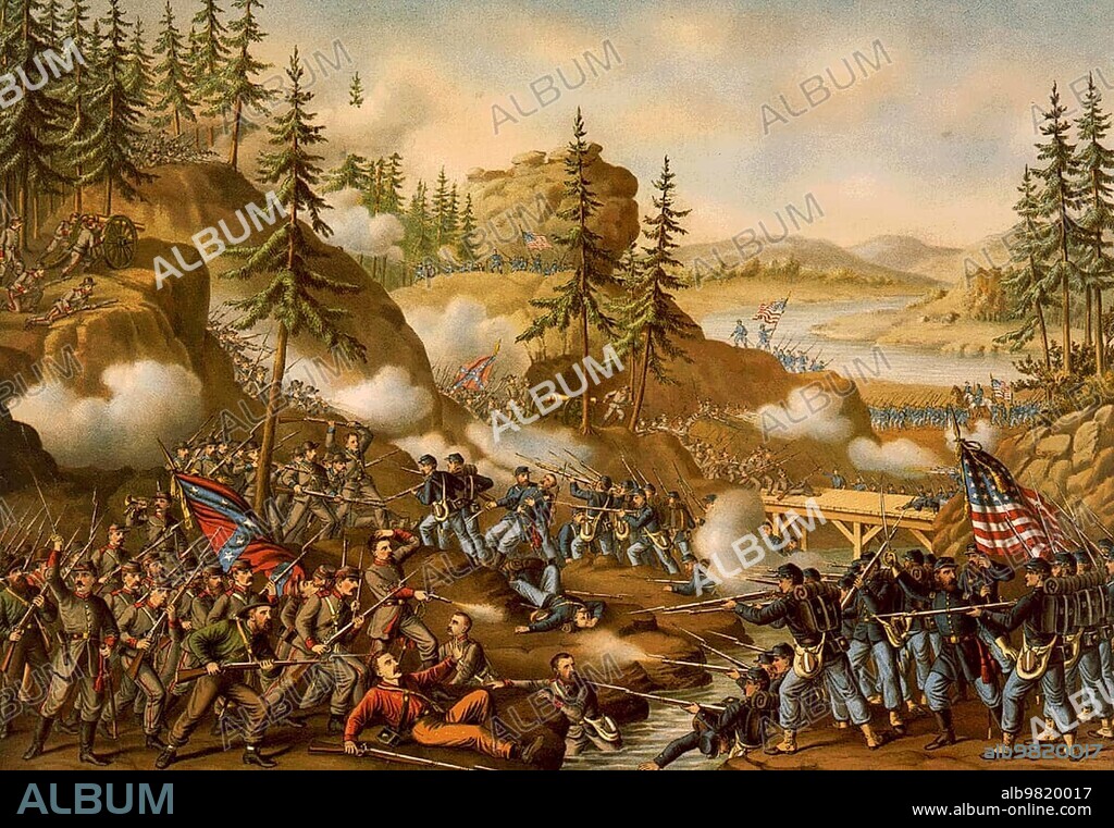 The Battle of Chattanooga was an American Civil War battle fought between Union forces under Ulysses S. Grant and the Confederate Tennessee Army under General Braxton Bragg at Chattanooga; Tennessee from 23 to 25 November 1863; digital reproduction from a 19th century original.