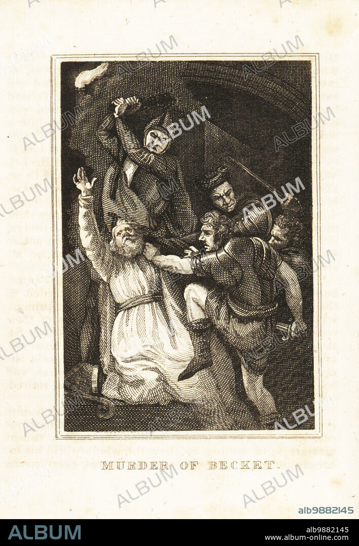 The assassination of Thomas Becket in Canterbury Cathedral, 1170. Four knights in armour, Reginald FitzUrse, Hugh de Morville, William de Tracy and Richard le Breton, attack him with swords and mace. Murder of Becket. Copperplate engraving from M. A. Jones History of England from Julius Caesar to George IV, G. Virtue, 26 Ivy Lane, London, 1836.
