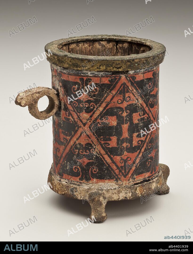lacquer cup with handle, Eastern Zhou dynasty, Eastern Zhou dynasty, 300-200 B.C.E., Lacquer On Bamboo, red, Black Painted Decoration, H: 4-3.8, Asian Art.
