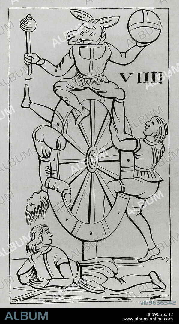 Carta de la baraja del Tarot Florentino Minchiate. La Rueda de la Fortuna. Grabado. "Les Arts au Moyen Age et a l'Epoque de la Renaissance", por Paul Lacroix. París, 1877.
