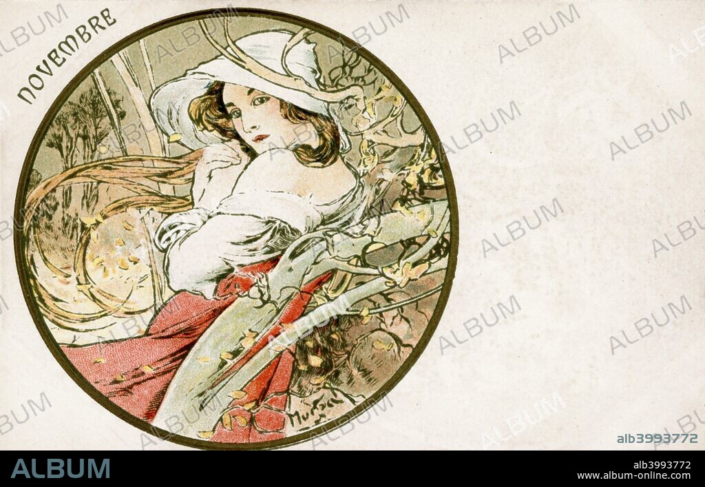 ALPHONSE MUCHA. 'November', 1900. A woman in a red and white dress and white hat, surrounded by autumn leaves.