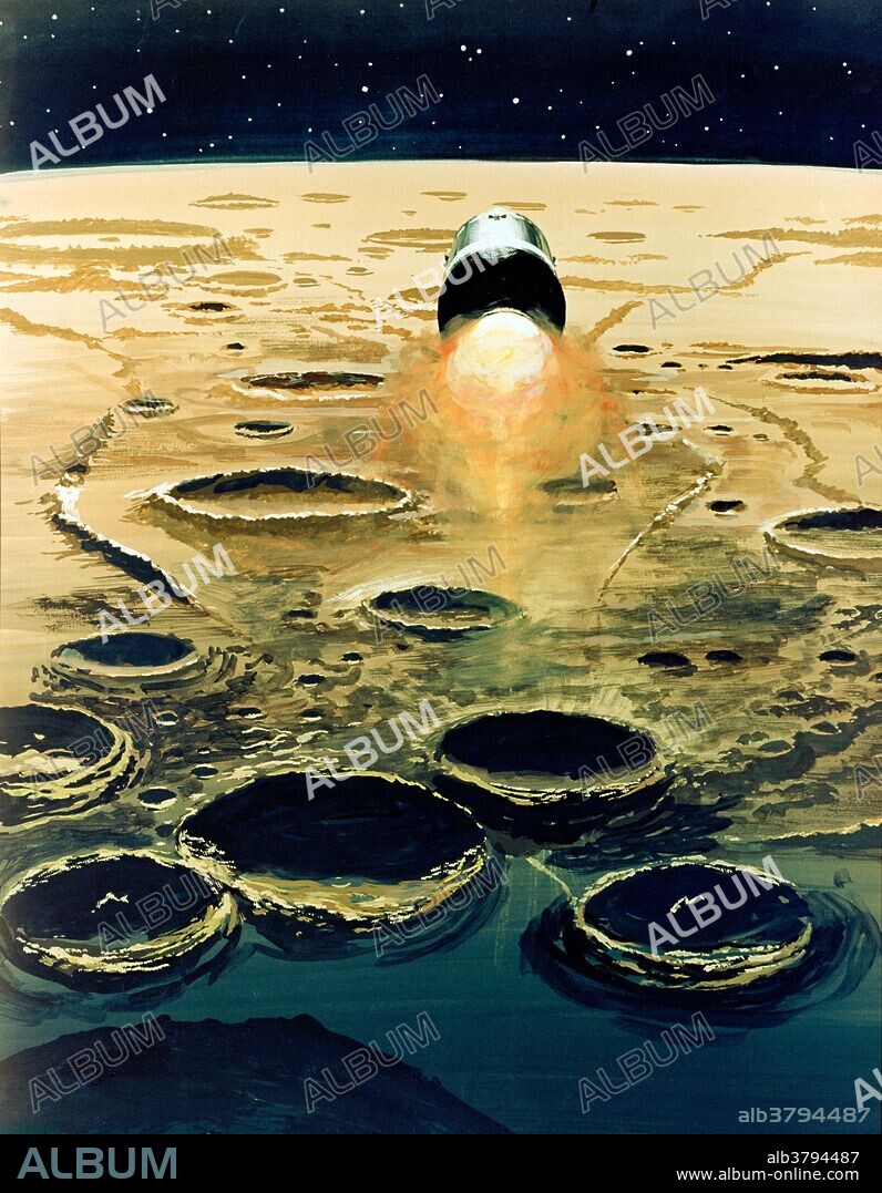 North American Rockwell artist's concept illustrating a phase of the Apollo 8 lunar orbit mission. Here, after 20 hours of lunar orbit, Apollo 8 astronauts start the 20,500-pound thrust engine and head for home. The service module engine will fire about three minutes, starting up while the spacecraft is at the darkened, backside of the moon and blocked from communication with Earth. Apollo 8, the second human spaceflight mission in the United States Apollo space program, was launched on December 21, 1968, and became the first manned spacecraft to leave Earth orbit, reach the Earth's Moon, orbit it and return safely to Earth. The three-astronaut crew, Commander Frank Borman, Command Module Pilot James Lovell, and Lunar Module Pilot William Anders, became the first humans to travel beyond low Earth orbit, the first to see Earth as a whole planet, the first to directly see the far side of the Moon, and then the first to witness Earthrise.