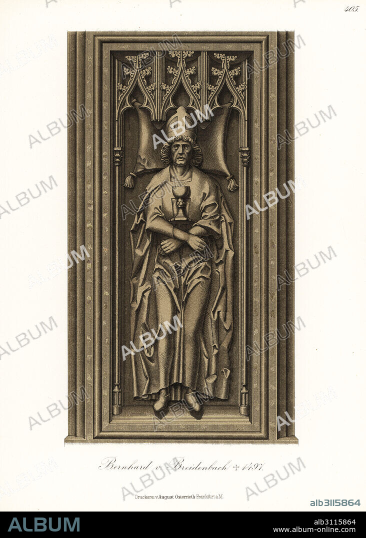 Bernhard von Breidenbach, politician in the Electorate of Mainz and author of Peregrinatio in terram sanctum, 1440-1497. From the grave effigy in Mainz Cathedral. Chromolithograph from Hefner-Alteneck's Costumes, Artworks and Appliances from the Middle Ages to the 17th Century, Frankfurt, 1889. Dr. Hefner-Alteneck (1811 - 1903) was a German museum curator, archaeologist, art historian, illustrator and etcher.