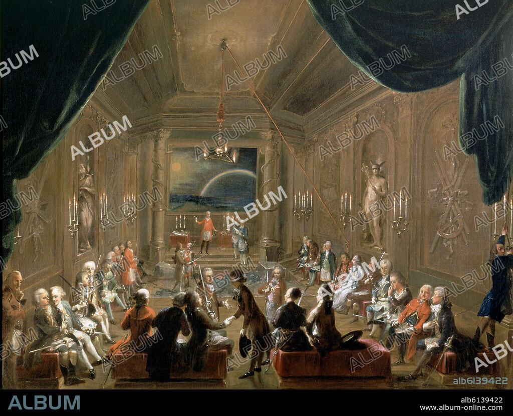REUNION DE LA LOGIA ZUR GEKRÖNTEN HOFFNUNG PRESIDIDA POR EL PRINCIPE NICOLAUS ESTERHAZY, MOZART SENTADO A LA DERECHA CONVERSANDO CON SCHIKANEDER XVIII.