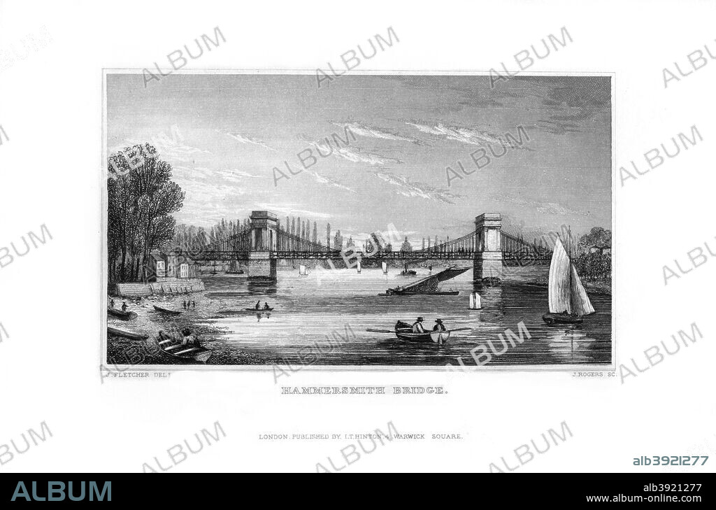 Hammersmith Bridge, Hammersmith, London, 1829. Designed by William Tierney Clark (1783-1852) Hammersmith Bridge was a chain suspension type, built in 1825-1827. It was the first suspension bridge to be built across the Thames. Clark's bridge was replaced in 1887 by another suspension bridge, designed by Joseph William Bazalgette (1819-1891).