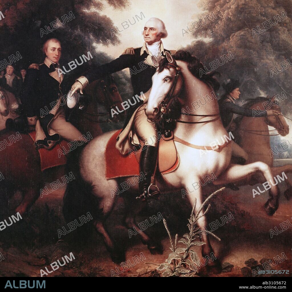 Washington before Yorktown by Rembrandt Peale (1778-1860). The picture shows George Washington, full-length portrait, in full dress uniform on horseback preparing his troops for the final battle of the Revolutionary War in Yorktown, Virginia. The figure to the right of Washington is the Marquis de Lafayette and the three officers barely visible behind him are the Compte de Rochambeau, Henry Knox and Benjamin Lincoln. Alexander Hamilton is the rider on the right.