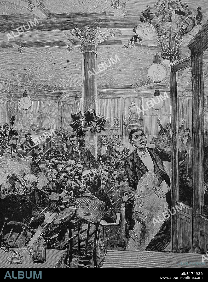 Historical illustration of the Attentat at Cafe Terminus, a popular cafe in the late 19th Century near the Gare Saint-Lazare, located in Paris, France. It is infamously known as the target of a bomb attack by French Anarchist Emile Henry on February 12, 1894, Digital improved reproduction from an original print from 1888.