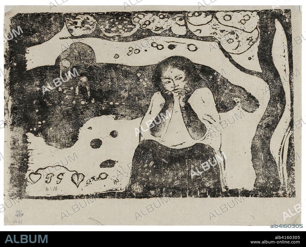 Human Miseries, from the Suite of Late Wood-Block Prints. Paul Gauguin; French, 1848-1903. Date: 1898-1899. Dimensions: 193 × 298 mm (image); 227 × 304 mm (primary support); 227 × 304 mm (secondary support). Wood-block print in black ink on thin ivory Japanese paper, laid down on white Japanese paper. Origin: France.