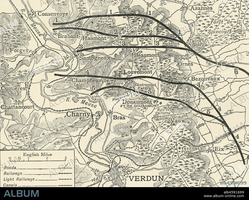 'Map showing the Various Stages in the First Phase of the Attack on Verdun' northern France, First World War, 1916, (c1920). 'The German attack on the French lines at Verdun began on the east side of the [River] Meuse at dawn on February 21, 1916. The most northerly line drawn on the map shows the French position at the time of the German onset. The other lines show the successive positions taken up by the French as they were forced back on February 22, 23, 24, and 25. On Friday, February 25, the final adjustment of the French line in the first phase of the struggle east of the Meuse took place. It crossed Poivre Hill and Douaumont Plateau'. From "The Great World War: A History", Volume V, edited by Frank A Mumby. [The Gresham Publishing Company Ltd, London, c1920].
