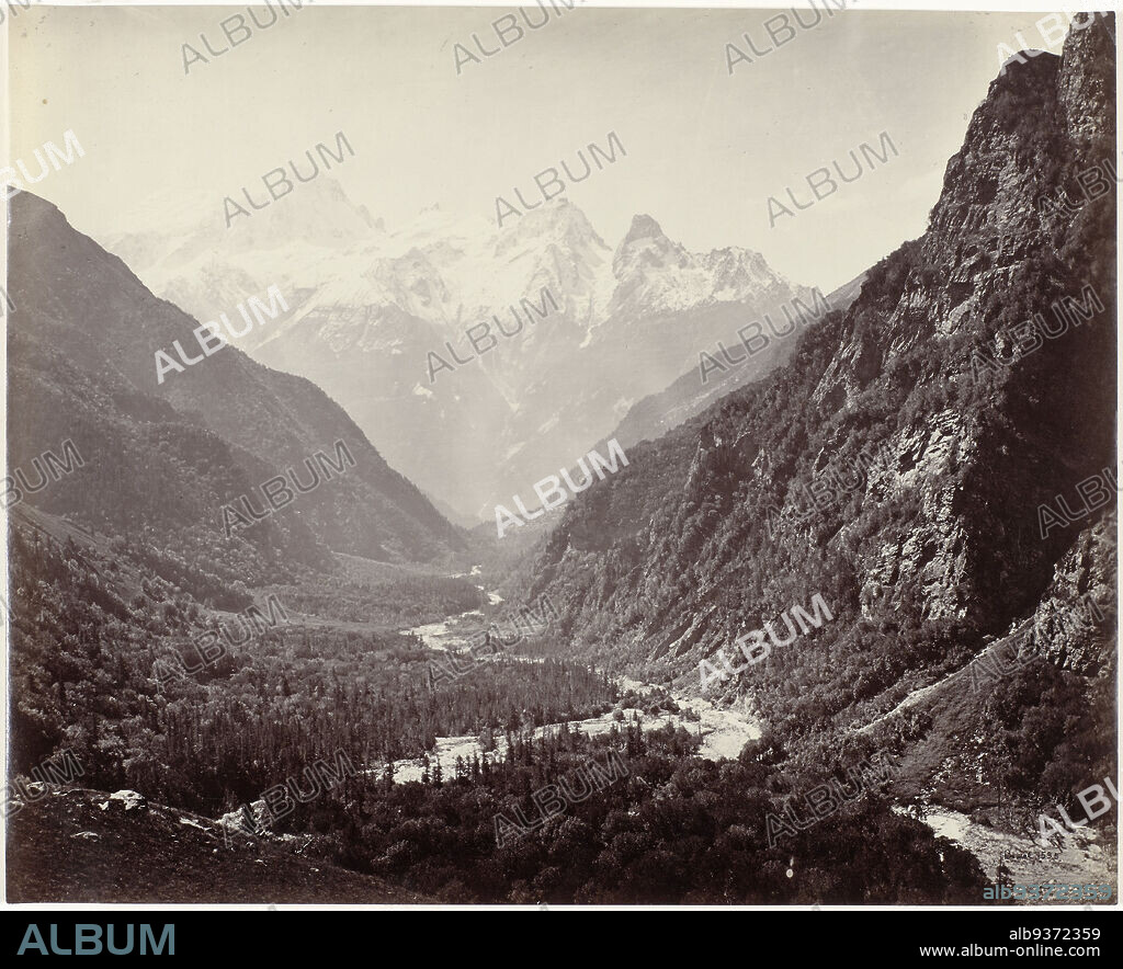 View of a valley and the peaks of the Srikanta, India, Wooded Valley from Fulaldaru, with the Srikanta Peaks in the distance (original title), Samuel Bourne (signed by artist), Uttarakhand, 1863 - 1865, paper, albumen print, height 232 mm × width 287 mm.