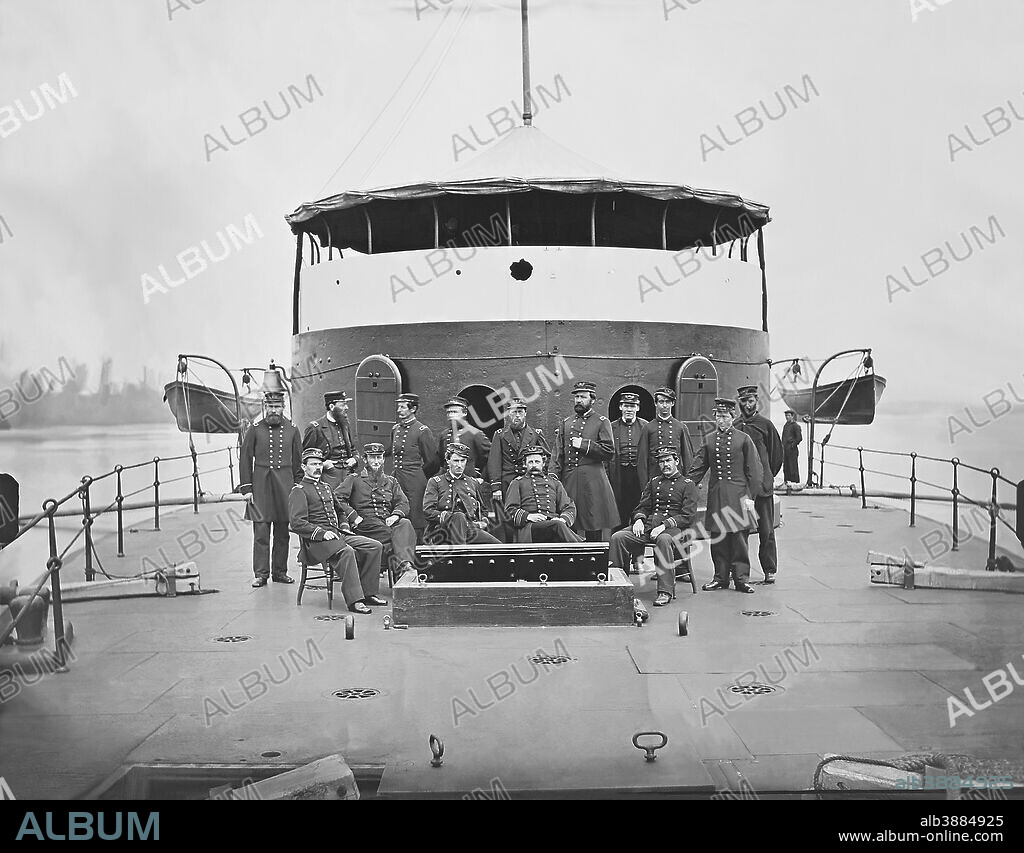Officers on board monitor USS Mahopac on the James River, Virginia, during the American Civil War in 1864. This photo has been digitally restored.