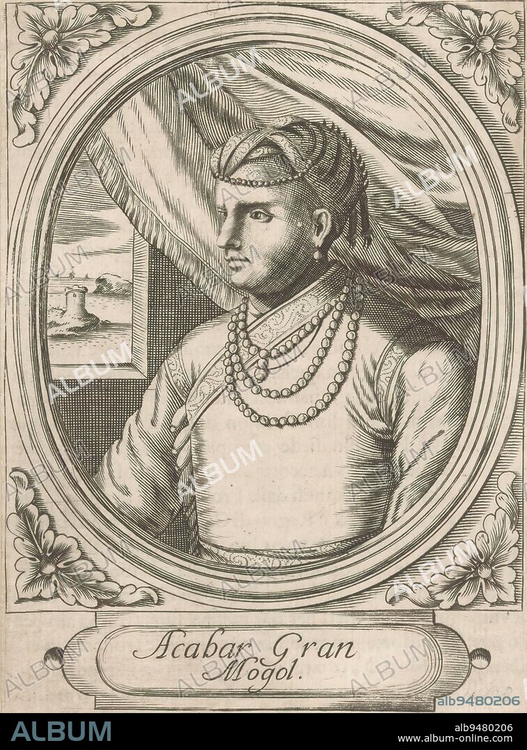 Portrait of Jalaluddin Muhammad Akbar, Emperor of the Mogul Empire, Portrait of Jalaluddin Muhammad Akbar in an ornamented oval frame. In a frame his name and title., print maker: anonymous, 1600 - 1699, paper, engraving, letterpress printing, height 165 mm × width 121 mm.