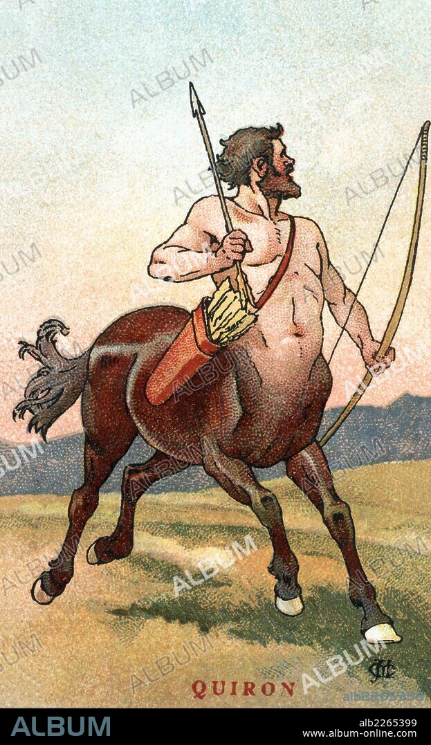 APEL·LES MESTRES OñóS. Mitología. Quirón, centauro hijo de Crono y Fílira, mitad hombre y mitad caballo, educador en arte, música, caza, moral, medicina y cirugía. Años 1920.