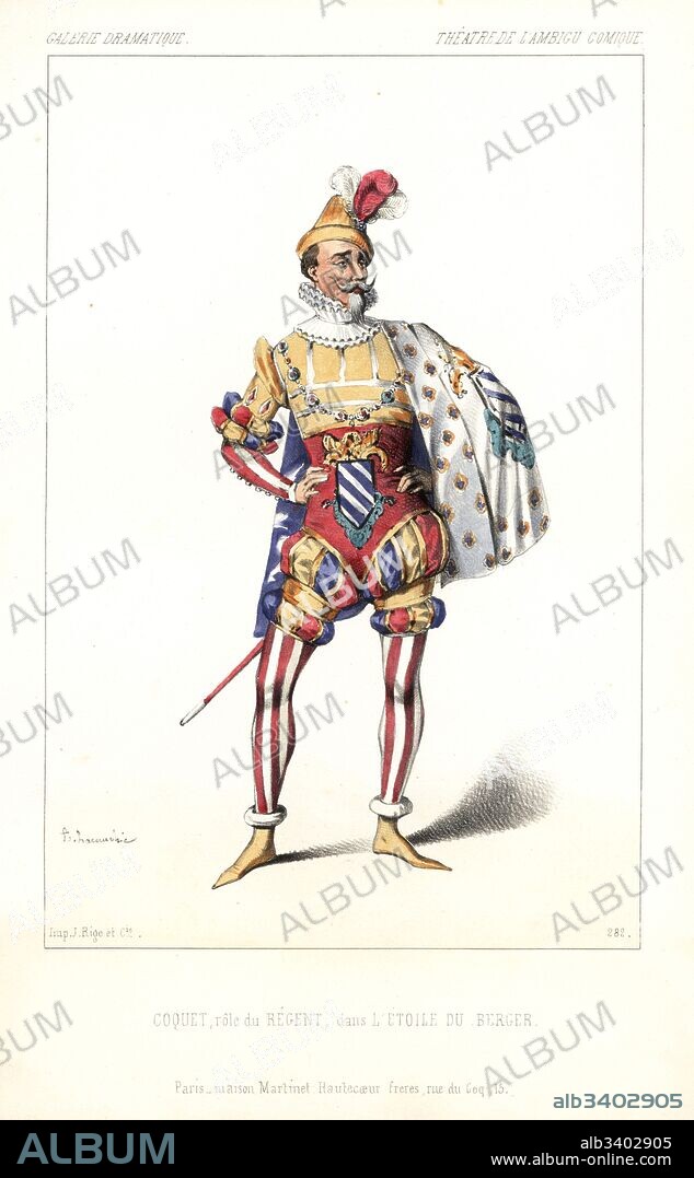 French comic actor Charles Coquet as Regent in L'Etoile du Berger by Anicet Bourgeois and Adolphe d'Ennery, Theatre de l'Ambigu Comique, 1846. Handcoloured lithograph after an illustration by Alexandre Lacauchie from Victor Dollet's Galerie Dramatique: Costumes des Theatres de Paris, Paris, 1846.
