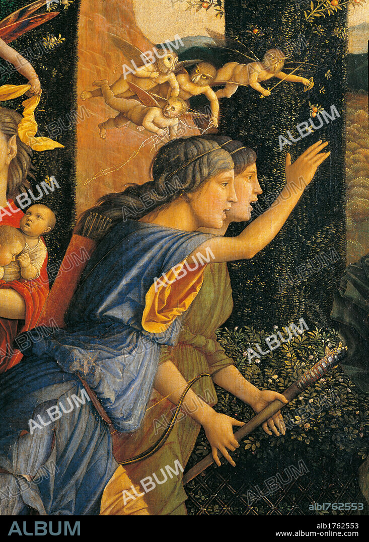 Triumph of Virtue, by Andrea Mantegna, 1502 about, 16th Century, tempera on canvas, cm 160 x 192. France, Ile de France, Paris, Muse du Louvre. Detail. Figures in the centre Diana and Chastity dress blue orange cupids.