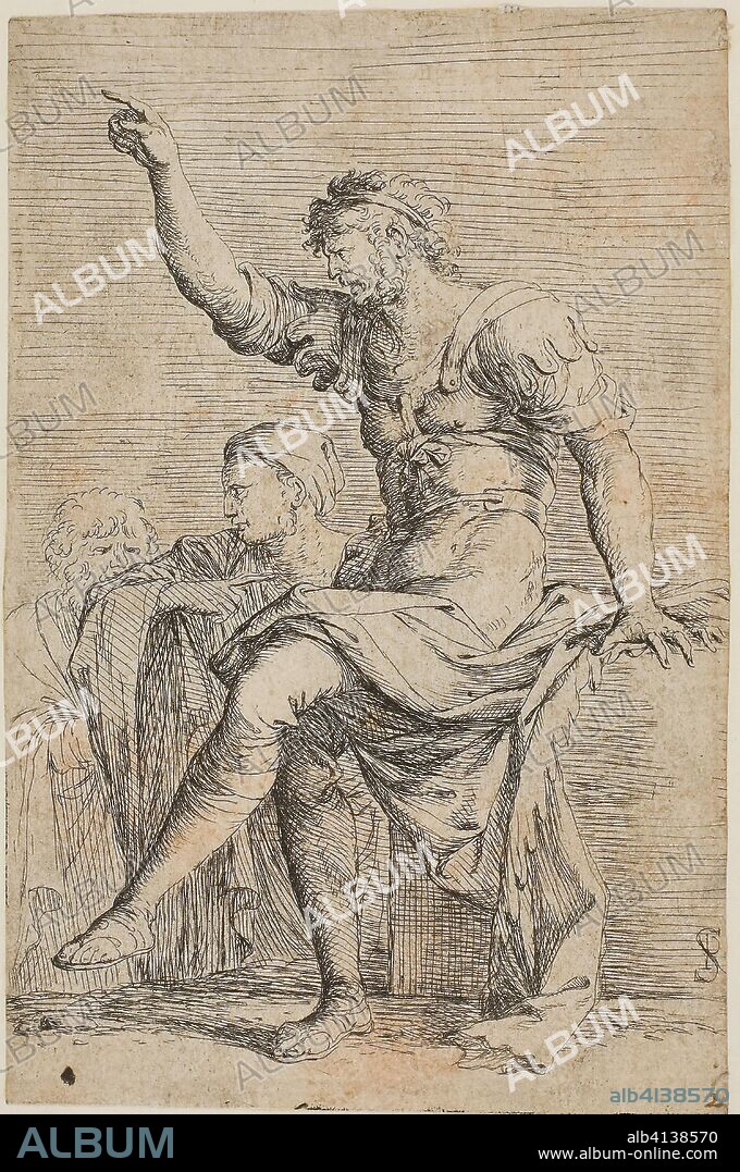 A warrior sits n a foreground block and gestues; two figure are behind him, from Figurine series. Salvator Rosa; Italian, 1615-1673. Date: 1656-1657. Dimensions: 138 × 92 mm. Etching with drypoint on ivory laid paper. Origin: Italy.