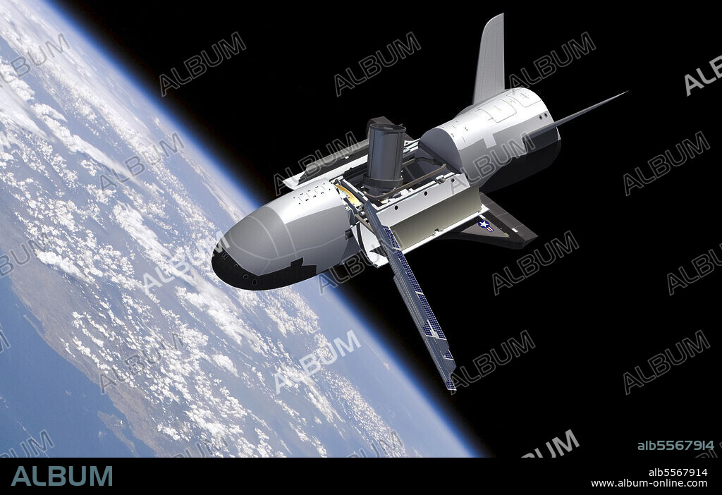 Artist's concept of the NASA X-37B spacecraft in orbit, showing payload bay and solar panels.