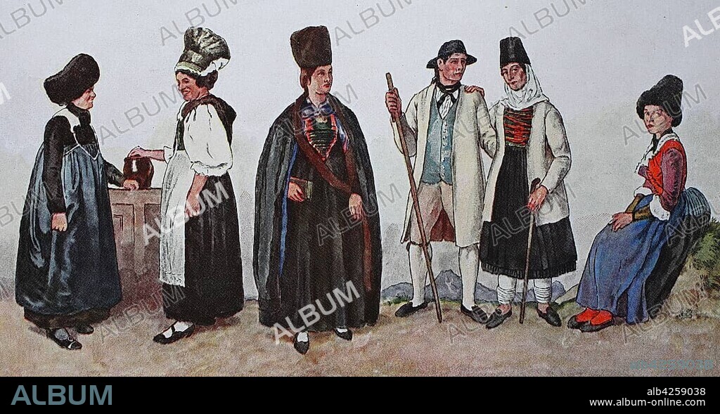 People in traditional costumes, fashion, costumes, clothes in Austria 1850, illustration, Austria, Europe.