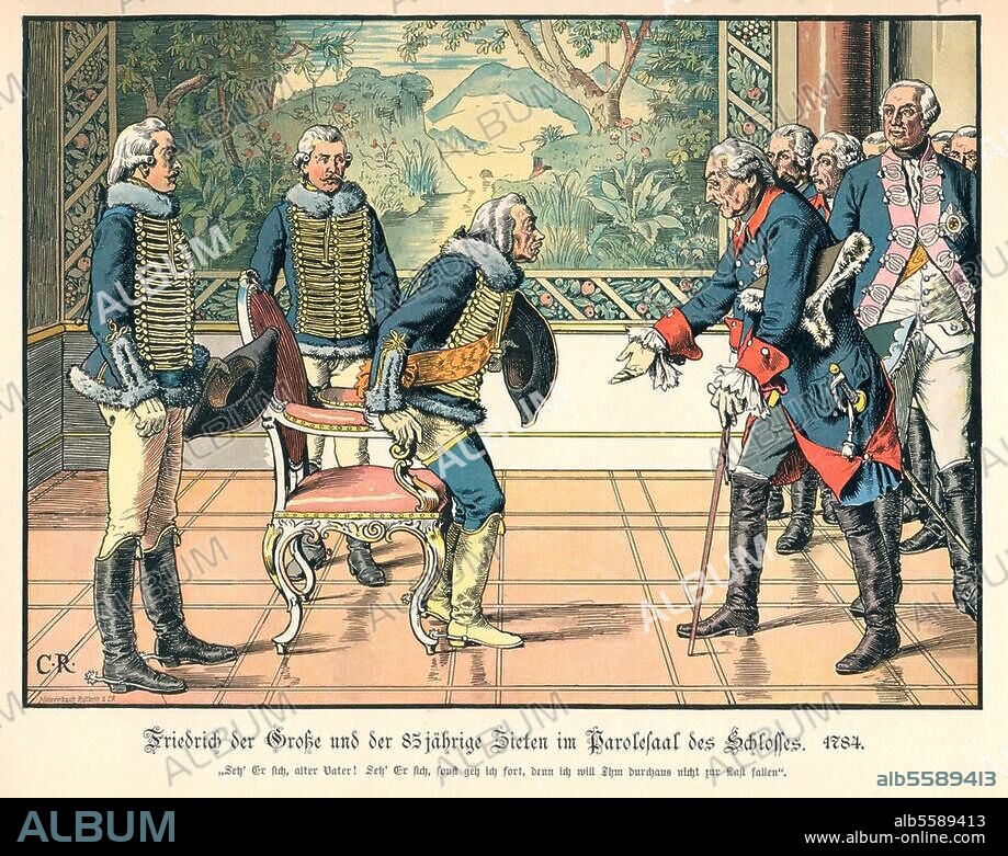 Friedrich II. (der Große), König von Preußen (1740-86); 1712-1786. - "Friedrich der Große und der 85jährige Zieten im Parolesaal des Schlosses. 1784". (Der König bietet Reitergeneral Hans Joachim von Zieten einen Stuhl an). Farbdruck nach Carl Röchling (1855-1920). Aus: Der alte Fritz in fünfzig Bildern, Berlin (Paul Kittel) 1895.