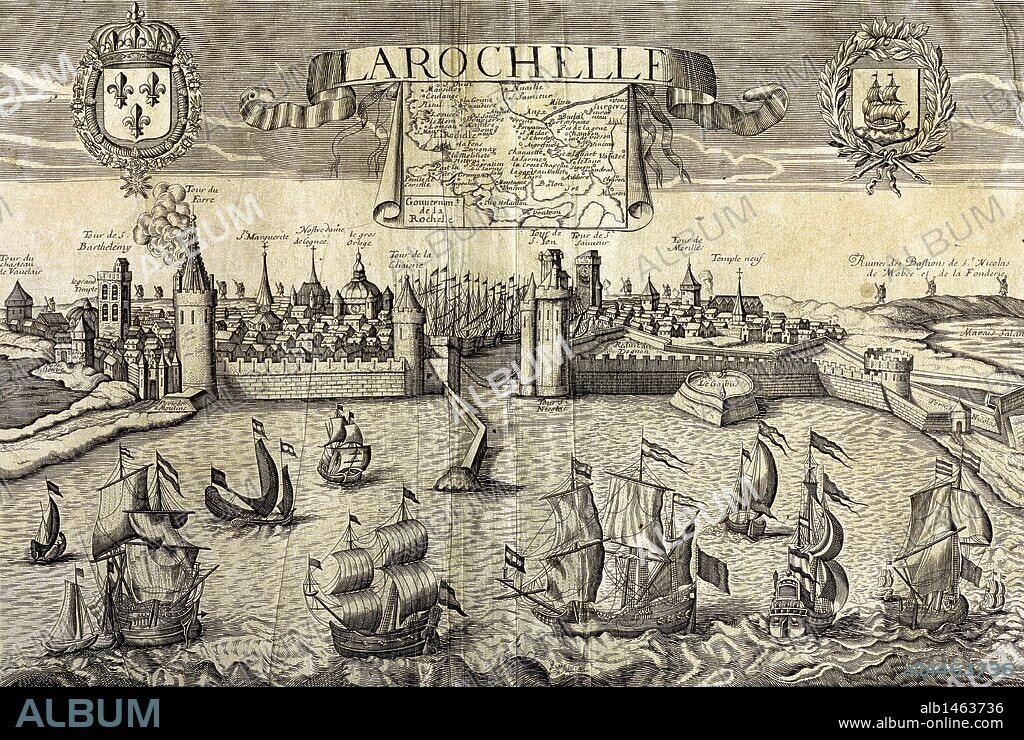 LA ROCHELA. Plano de la ciudad a orillas del Atlántico. Grabado al metal del siglo XVI, firmado por Jollain, familia de grabadores franceses de los siglos XVI-XVII.