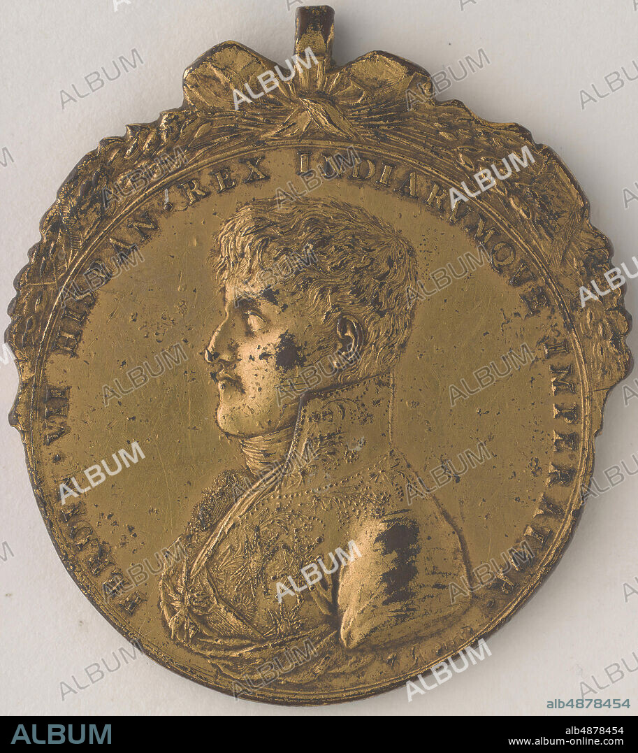 Pedro Juan Maria de Guerrero, Ferdinand VII (1784-1833), King of Spain 1808, 1814-1833, 1809, bronze, gilt, 1 13/16 in. (4.6 cm.), After turning to Napoleon for support in 1808, following his father's abdication, Ferdinand VII (1784-1833) was stripped by the French Emperor of royal powers and imprisoned. Protesting the perceived injustice of Napoleon's actions, members of the College, Seminario Tridentino, distributed this emblem to recognize the man they saw as their leader. The reverse of Guerrero's medal depicts a rich allegorical scene. The Latin inscription around the top reads 'Fidelity victorious over Deceit.' Guerrero chooses to depict the triumph of Fidelity, implicitly referencing Spain, over Deceit (France). The personification of Fidelity is further amplified by her companion, a faithful dog who leads her to the Temple ofVirtue. Following Napoleon's defeat in 1814, Ferdinand VII regained the monarchy.
