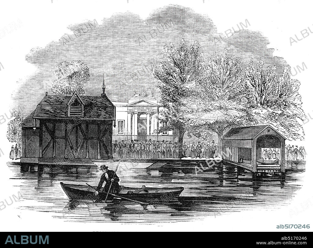 Receiving-House of the Royal Humane Society, 1844. Boathouse and boatman of the Royal Humane Society, 'for the recovery of persons apparently drowned or dead',  on the north bank of the Serpentine at Hyde Park in London. '....the crowded state of the river Thames, the wonderful increase of traffic by steam, and the numerous accidents - too many of which have been fatal - we shall find ample room for the employment of more men and boats by the Humane Sotiety...Indeed, it is stated that not less than 200,000 persons on an average annually bathe in the river and the neighbourhood of the receiving-house; and on one occasion, during a frost, twenty-five individuals were submerged by the breaking of the ice; but, by the exertions of men (who are required to be good swimmers) employed by the Society at such seasons, and the proximity of the receiving-house, no life was lost'. From "Illustrated London News", 1844, Vol V.