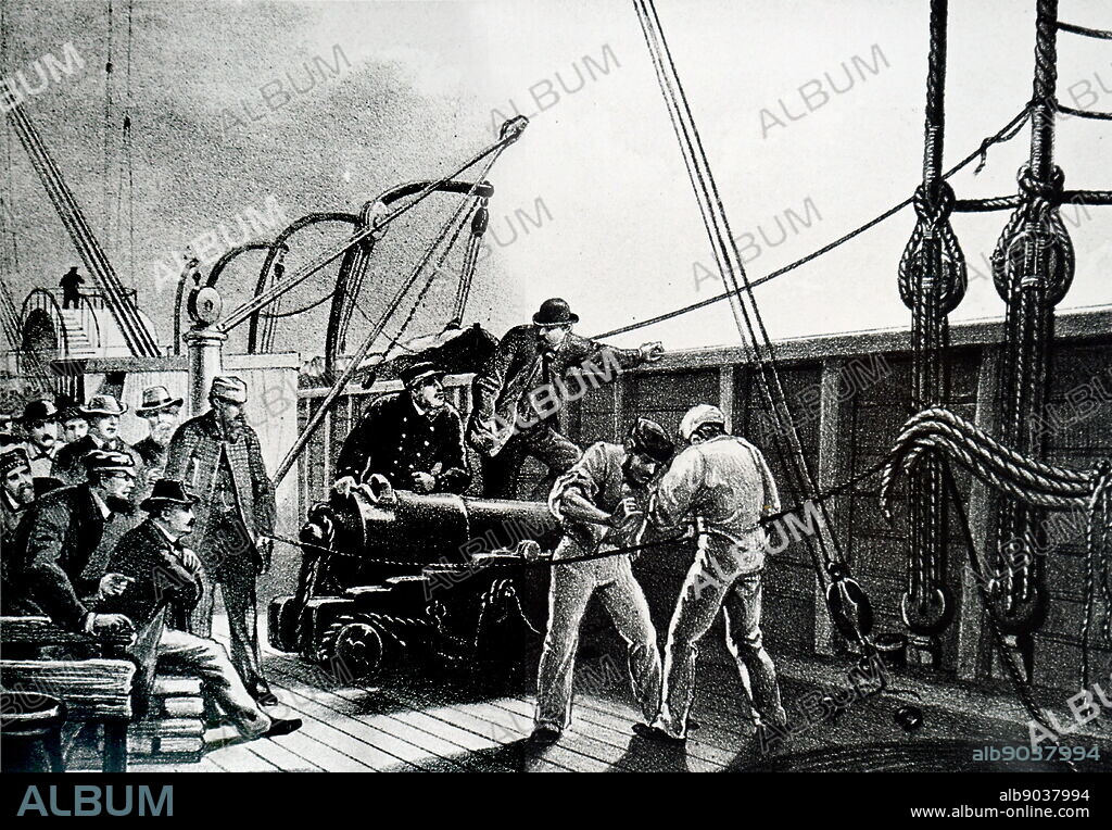 Print depicting the transportation of the cables used in the Atlantic Telegraph. The transatlantic telegraph cable was an undersea cable running under the Atlantic Ocean used for telegraph communications. Transatlantic telegraph cables have since been replaced by transatlantic telecommunications cables. Dated 19th century.