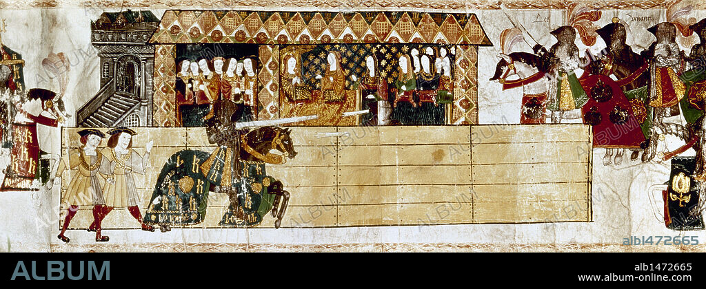 JUSTA MEDIEVAL ORGANIZADA POR EL REY ENRIQUE VIII (1491-1547) EN HONOR A SU ESPOSA CATALINA DE ARAGON. Miniatura del Westminster Tournament Roll fechada en 1511. Detalle. Victoria and Albert Museum. Londres. Inglaterra.