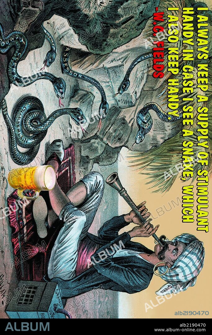 Fakir snake charmer with flute sits before cobras with a beer by his side on a rug.