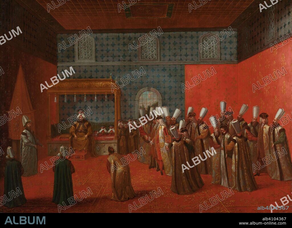 JEAN BAPTISTE VANMOUR. Ambassador Cornelis Calkoen at his Audience with Sultan Ahmed III. Ambassador Cornelis Calkoen in Audience with Sultan Ahmed III, 14 September 1727. Dating: c. 1727 - c. 1730. Measurements: h 90 cm × w 121 cm; w 10.8 kg.