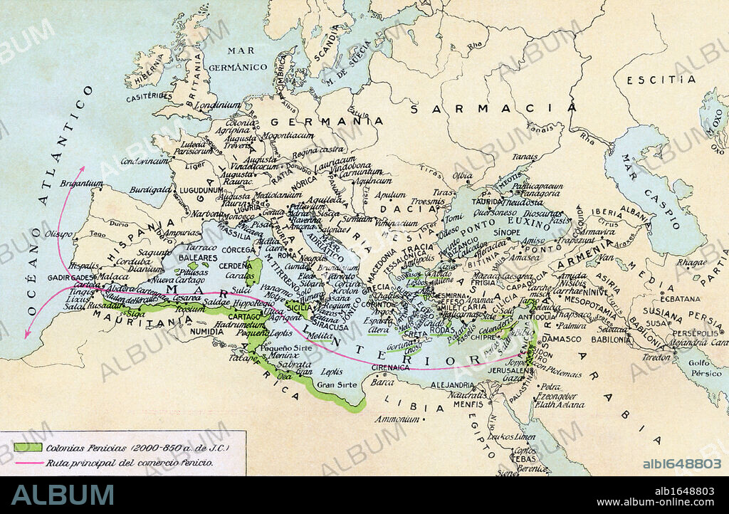 Phoenician colonies and area of influence in the Mediterranean 200 to 850 B.C. Green shows colonized areas. Red shows principal routes of Phoenician commerce. From Historia de las Naciones published circa 1921.