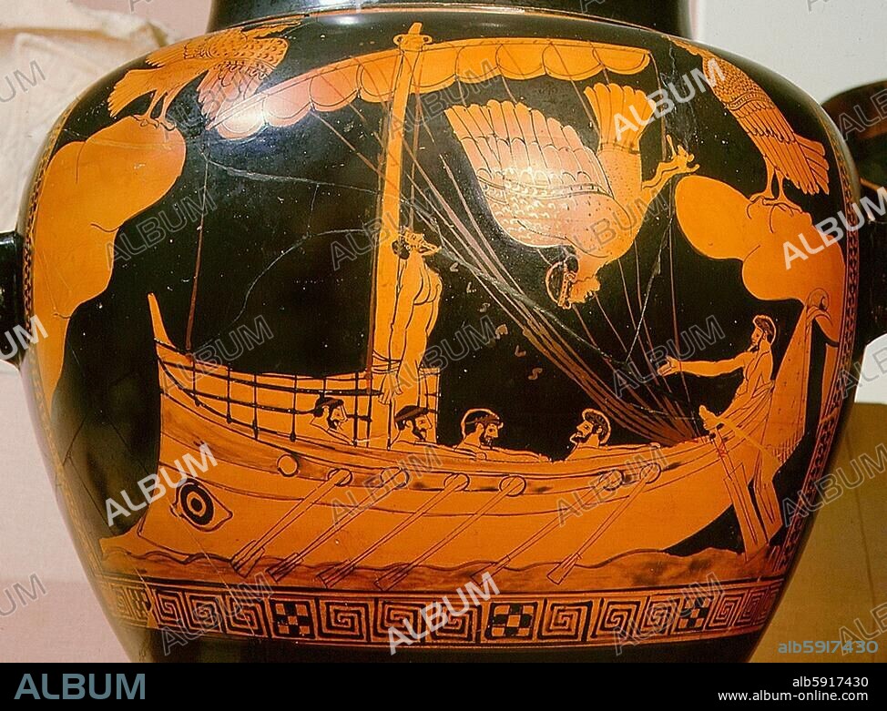 Stamnos (vase) depicting Odysseus tied to the mast listening to the songs of the Sirens. Country of Origin: Greece. Culture: Ancient Greek. Date / Period: c. 480 BC. Place of Origin: Athens. Material Size: h = 35cms.