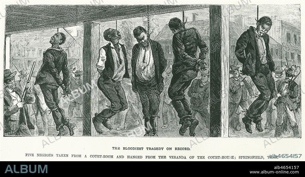 (Cinq 'noirs' pris de la salle de justice et pendus a la veranda du tribunal a Springfield, Tennessee par des 'blancs' portant un masque). Gravure tiree de National Police Gazette en 1881. Credit : Collection KHARBINE-TAPABOR.