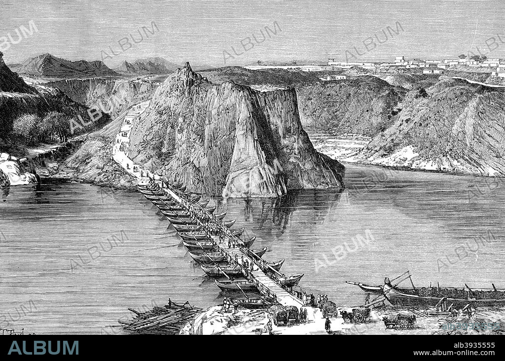 Bridge of boats over the Indus at Khushalgarh, Pakistan, 1895. From The Universal Geography with Illustrations and Maps, division XV, written by Elisee Reclus and published by Virtue & Co. Limited (London, 1895).