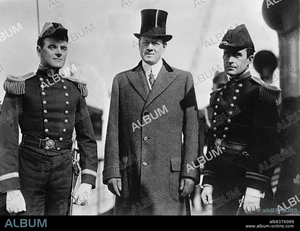 HARRIS & EWING. Battleship Review, Unidentified Naval officer; Postmaster General Hitchcock; Dr. Cary T. Grayson, U.S.N., 1912. [Frank Harris Hitchcock was Postmaster General of the United States. Cary Travers Grayson was a surgeon in the US Navy].