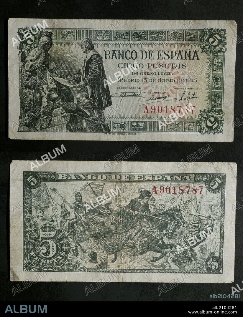 DINERO: BILLETE DE CINCO PESETAS DE 1945. ANVERSO Y REVERSO CON REPRESENTACION DE CAPITULACIONES DE SANTA FE.