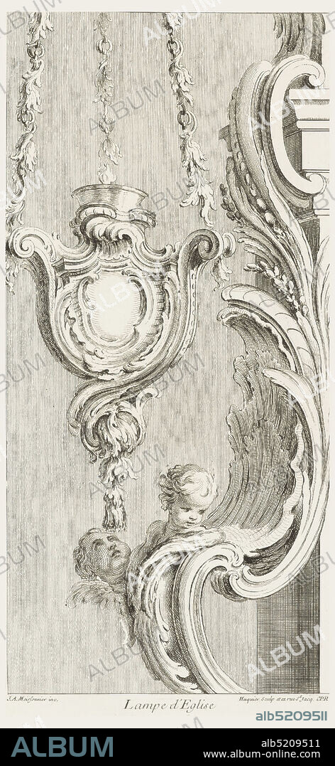 Lampe d'Eglise (Church Lamp), plate 83, from Oeuvres de Juste-Aurèle Meissonnier (Works by Juste-Aurèle Meissonnier), Juste-Aurèle Meissonnier, French, b. Italy, 16951750, Gabriel Huquier, French, 16951772, Engraving on white laid paper, From bottom, C-curves climb up with two winged putti heads; rocaille elements covered with leaves and foliage lead to upper C-curve gripping capital of pilaster on right. From top, three foliated chains support a hanging lamp decorated with an empty cartouche and curled ends, followed by the lowest part of the lamp, hanging leaves and foliage., Paris, France, 16951750, metalwork, Print, Print.